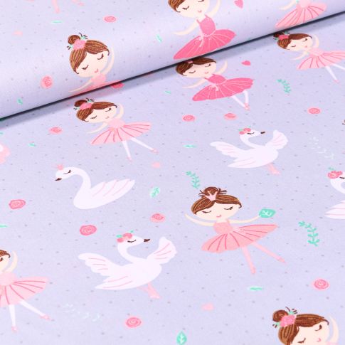 Tissu Coton imprimé Danseuse et cygnes sur fond Gris