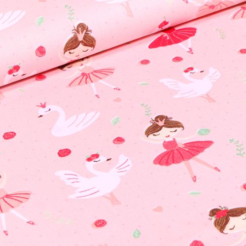 Tissu Coton imprimé Danseuse et cygnes sur fond Rose