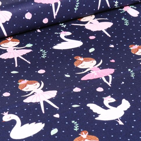 Tissu Coton imprimé Danseuse et cygnes sur fond Bleu marine