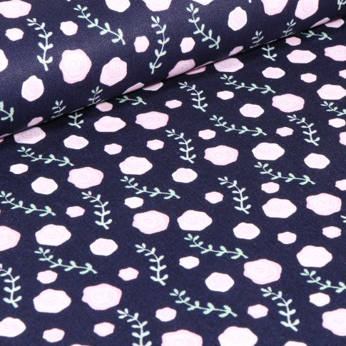 Tissu Coton imprimé Roses sur fond Bleu marine