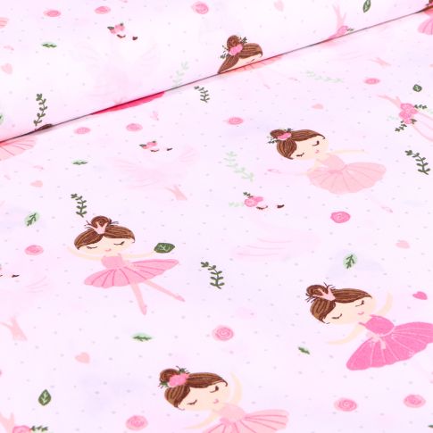 Tissu Coton imprimé Danseuse et cygnes sur fond Blanc