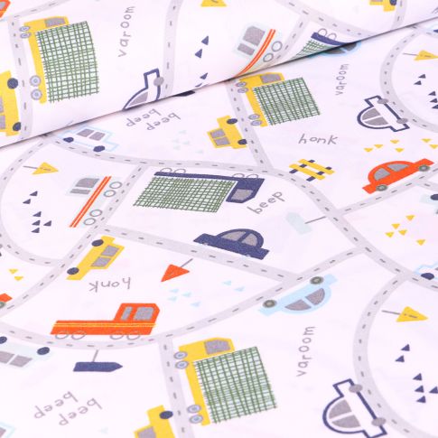 Tissu Coton imprimé LittleBird City sur fond Blanc