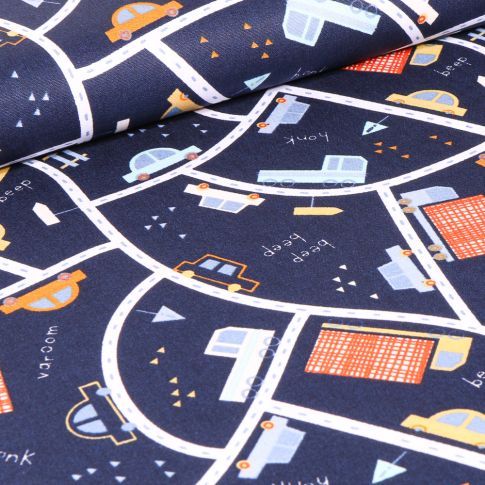 Tissu Coton imprimé LittleBird City sur fond Bleu marine