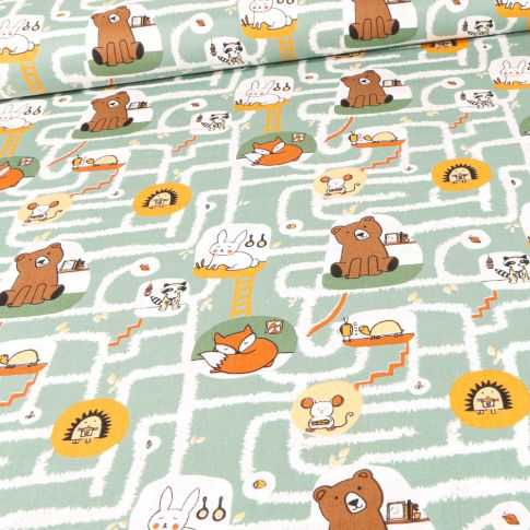 Tissu Coton imprimé Bio Labyrinthe et animaux sur fond Vert amande