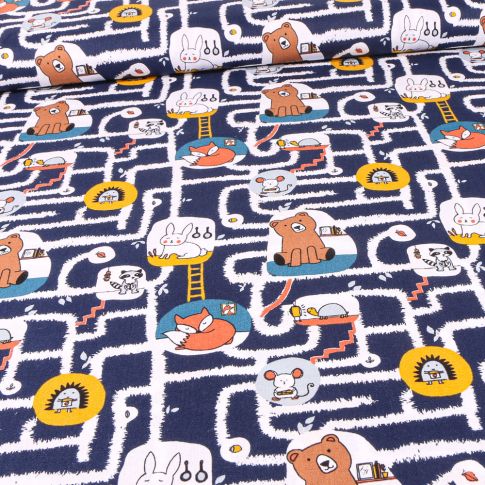 Tissu Coton imprimé Bio Labyrinthe et animaux sur fond Bleu marine
