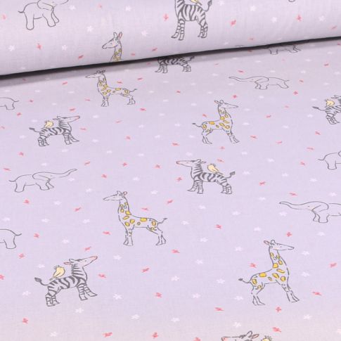 Tissu Coton imprimé Bio Girafes et éléphants sur fond Gris