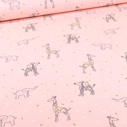 Tissu Coton imprimé Bio Girafes et éléphants sur fond Rose pâle