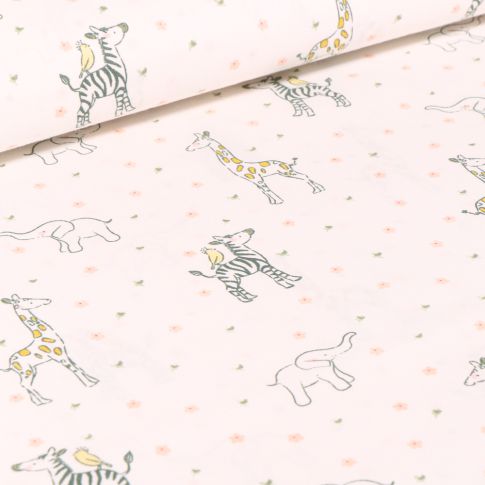 Tissu Coton imprimé Bio Girafes et éléphants sur fond Ecru
