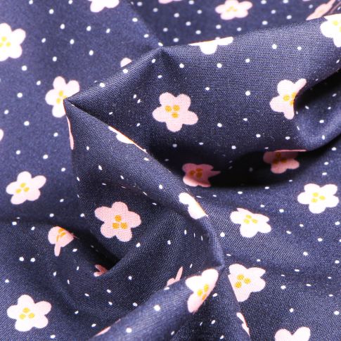 Tissu Coton imprimé Pâquerettes et pois sur fond Bleu nuit