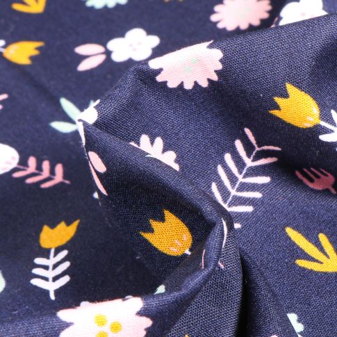 Tissu Coton imprimé Feuilles et fleurs sur fond Bleu nuit