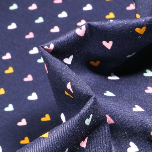 Tissu Coton imprimé Petits cœurs colorés sur fond Bleu nuit