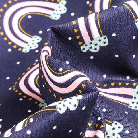 Tissu Coton imprimé Arc en ciel pastel sur fond Bleu nuit