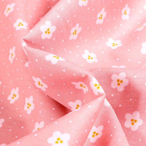 Tissu Coton imprimé Pâquerettes et pois sur fond Rose pâle