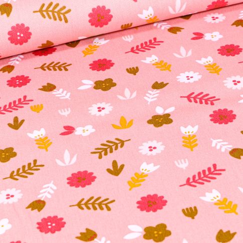 Tissu Coton imprimé Feuilles et fleurs sur fond Rose pâle