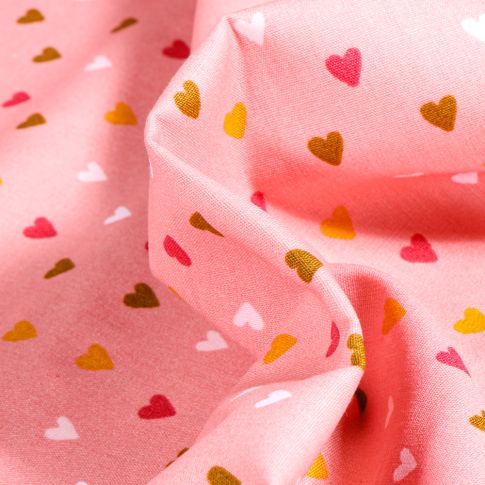Tissu Coton imprimé Petits cœurs colorés sur fond Rose