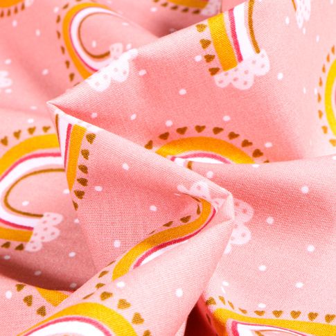 Tissu Coton imprimé Arc en ciel pastel sur fond Rose