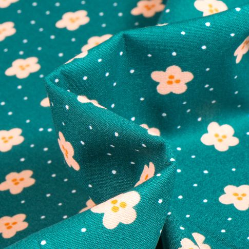 Tissu Coton imprimé Pâquerettes et pois sur fond Vert canard
