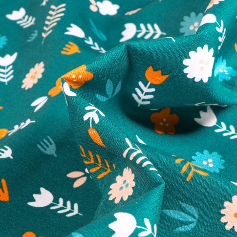 Tissu Coton imprimé Feuilles et fleurs sur fond Vert canard