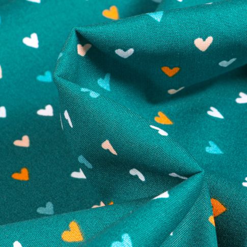 Tissu Coton imprimé Petits cœurs colorés sur fond Vert canard
