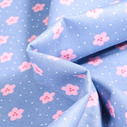 Tissu Coton imprimé Pâquerettes et pois sur fond Bleu ciel