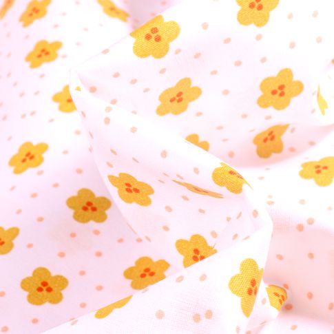 Tissu Coton imprimé Pâquerettes et pois sur fond Blanc