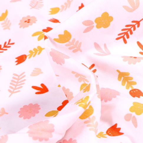 Tissu Coton imprimé Feuilles et fleurs sur fond Blanc