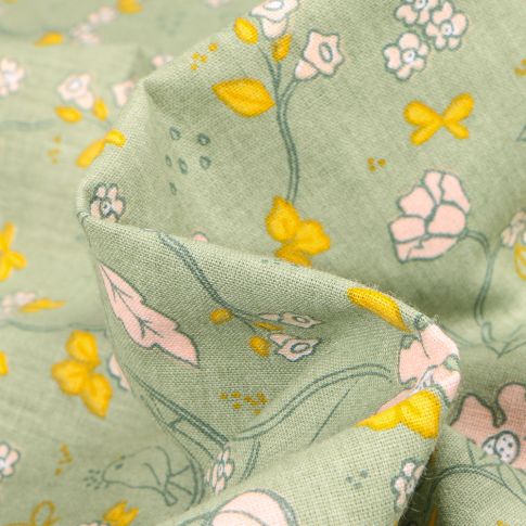 Tissu Coton imprimé Bio Floral Bird sur fond Vert pâle