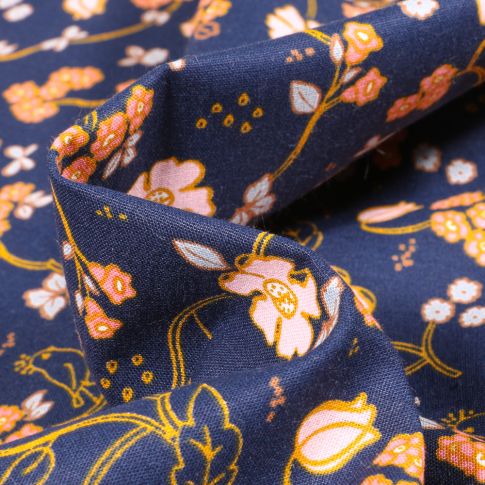 Tissu Coton imprimé Bio Floral Bird sur fond Bleu marine