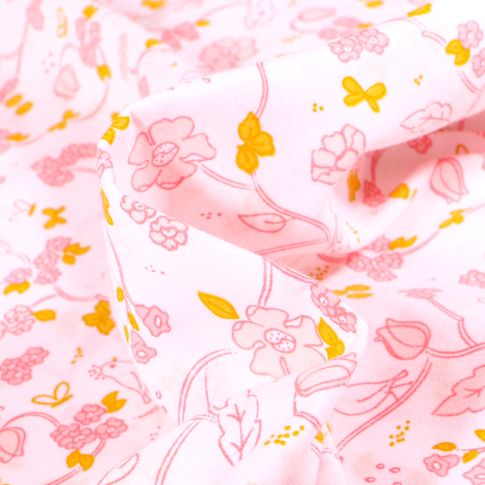 Tissu Coton imprimé Bio Floral Bird sur fond Rose pâle