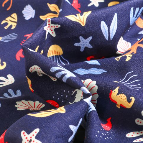 Tissu Coton imprimé Pieuvres et coquillages sur fond Bleu marine