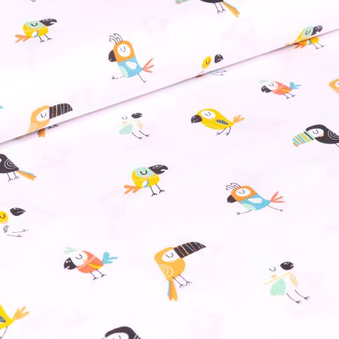 Tissu Coton imprimé LittleBird Toucans colorés sur fond Blanc