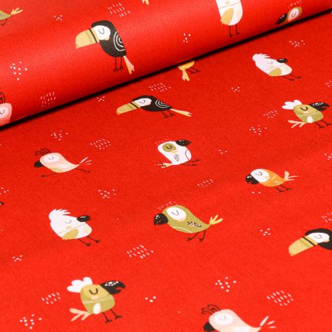 Tissu Coton imprimé LittleBird Toucans colorés sur fond Rouge