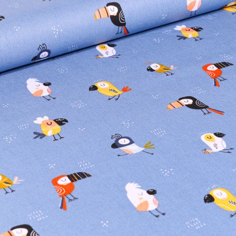 Tissu Coton imprimé LittleBird Toucans colorés sur fond Bleu