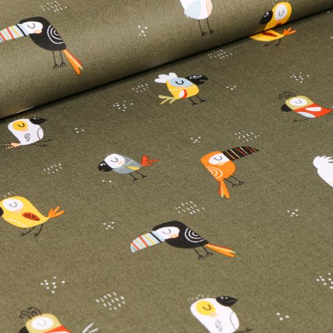 Tissu Coton imprimé LittleBird Toucans colorés sur fond Vert kaki