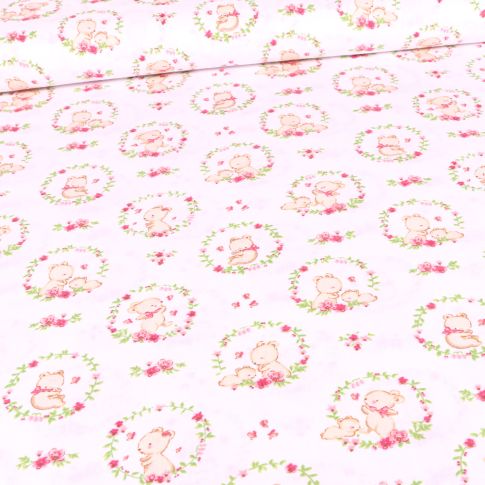 Tissu Coton imprimé Bio Oursons et couronnes de fleurs sur fond Blanc