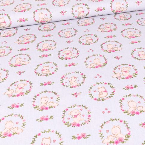 Tissu Coton imprimé Bio Oursons et couronnes de fleurs sur fond Gris
