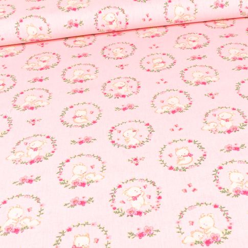 Tissu Coton imprimé Bio Oursons et couronnes de fleurs sur fond Rose