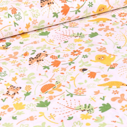 Tissu Coton imprimé Bio Jungle végétations sur fond Blanc