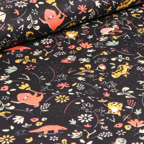 Tissu Coton imprimé Bio Jungle végétations sur fond Noir