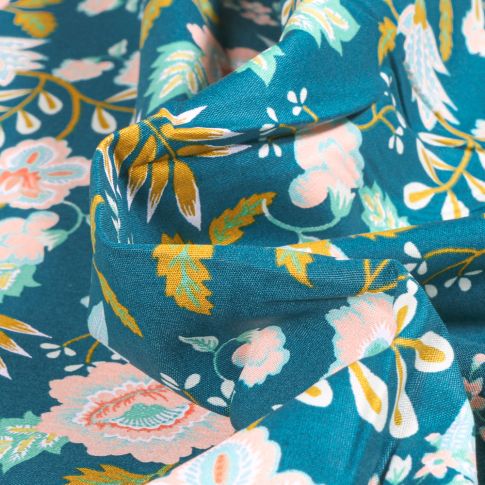 Tissu Coton imprimé Vicky sur fond Bleu paon