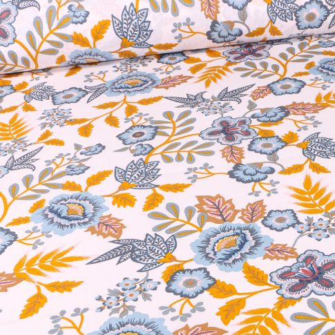 Tissu Coton enduit Flowers sur fond Blanc