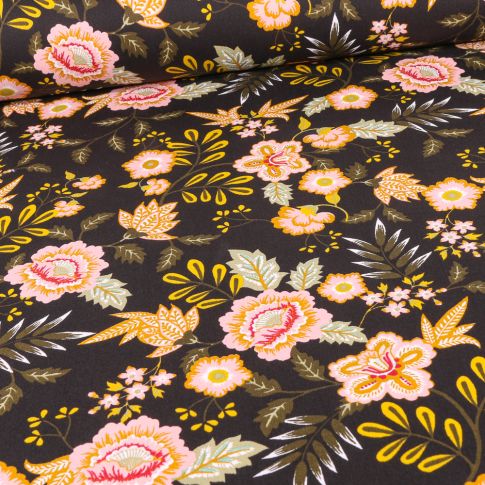 Tissu Coton enduit Flowers sur fond Noir