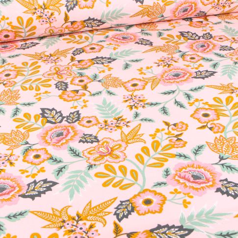 Tissu Coton enduit Flowers sur fond Rose nude