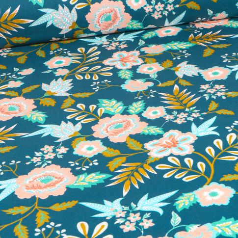 Tissu Coton enduit Flowers sur fond Bleu pétrole