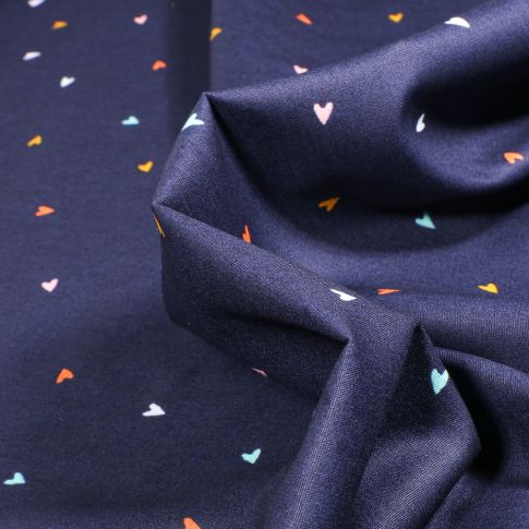 Tissu Coton imprimé Mini cœurs sur fond Bleu marine