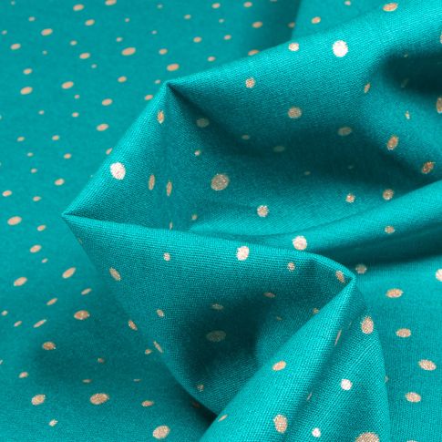 Tissu Coton imprimé doré Little point sur fond Bleu turquoise