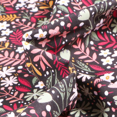 Tissu Coton imprimé Végétations colorés sur fond Noir