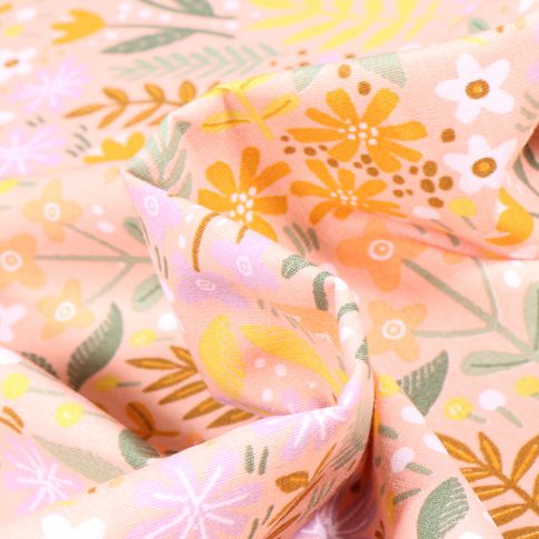 Tissu Coton imprimé Végétations colorés sur fond Rose nude