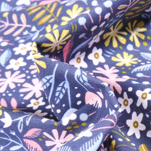 Tissu Coton imprimé Végétations colorés sur fond Bleu nuit