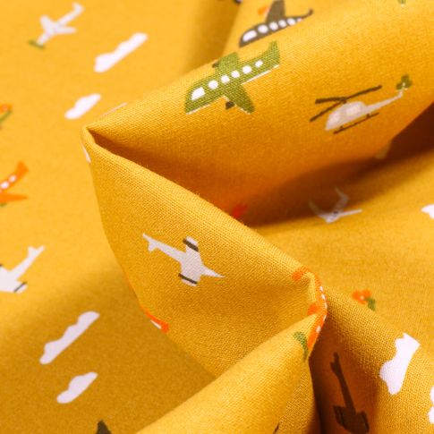 Tissu Coton imprimé Transports aériens sur fond Jaune